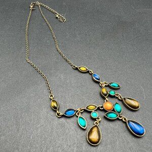 Avon SAQ Necklace Y Drop Bib‎ Blue Green Multishape Stones Brass Tone Chain